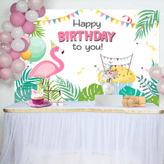 Lofaris Tropical Green Monstera Flamingo Birthday Backdrop