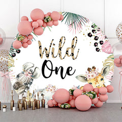 Lofaris Tropical Leaves Animals Round 1st Birthday Backdrop