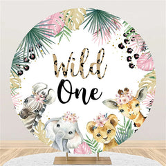 Lofaris Tropical Leaves Animals Round 1st Birthday Backdrop