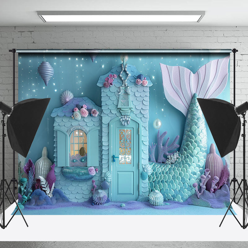 Lofaris Undersea Blue Mermaid House Coral Cake Smash Backdrop