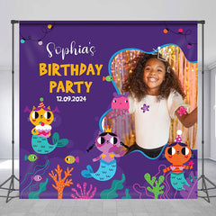 Lofaris Undersea Cat Mermaid Purple Custom Birthday Backdrop