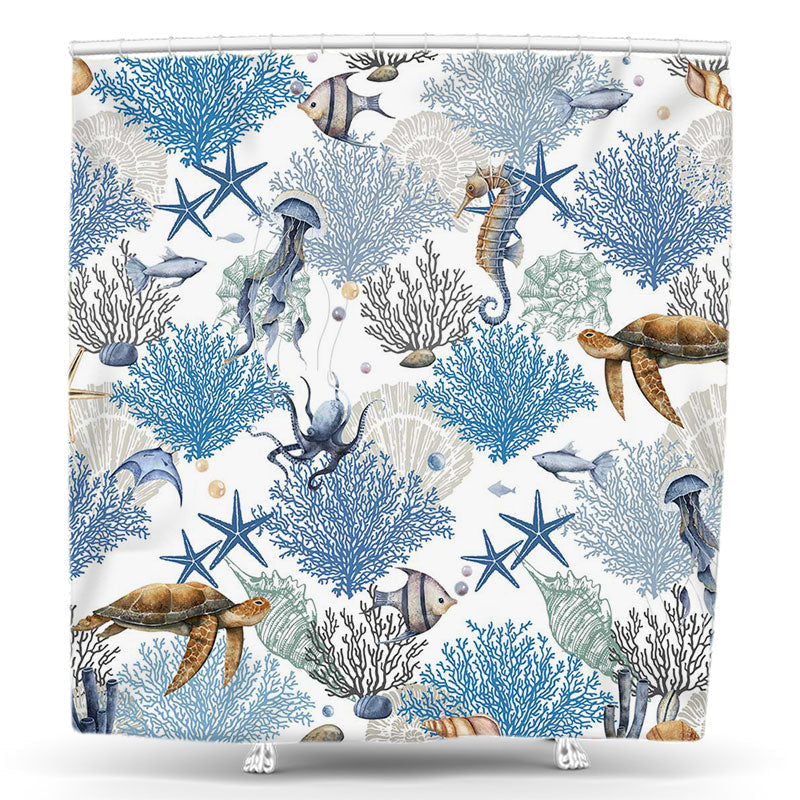 Lofaris Undersea Coral Turtle Starfish Bubble Shower Curtain