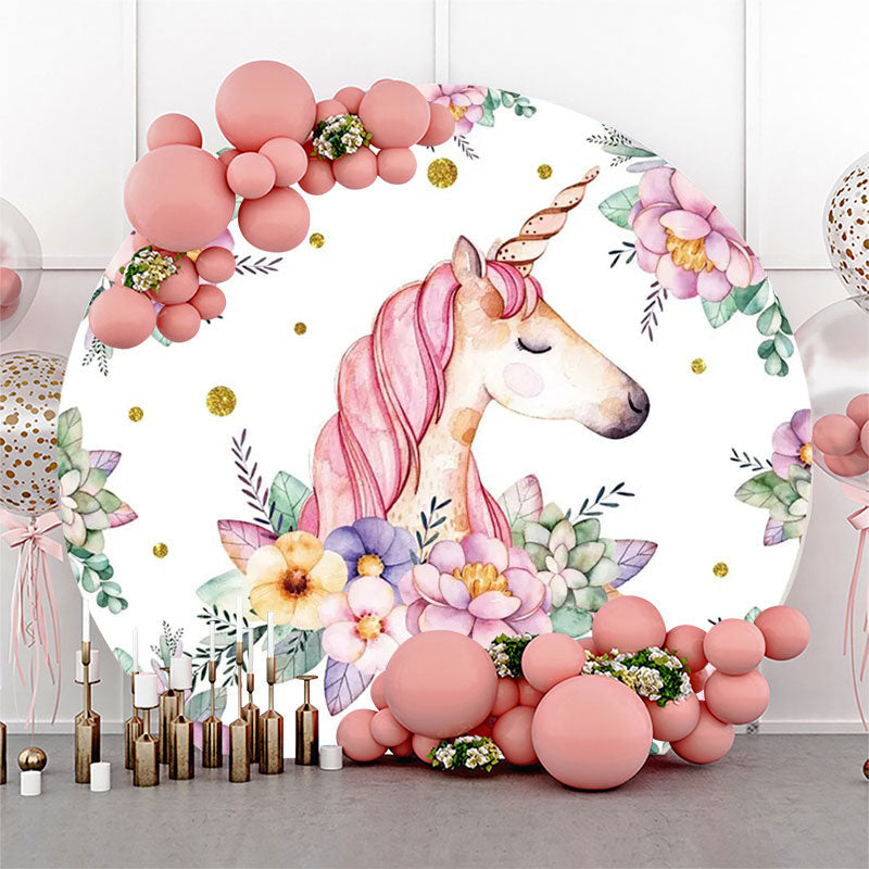 Lofaris Unicorn Floral Leaves White Round Birthday Backdrop