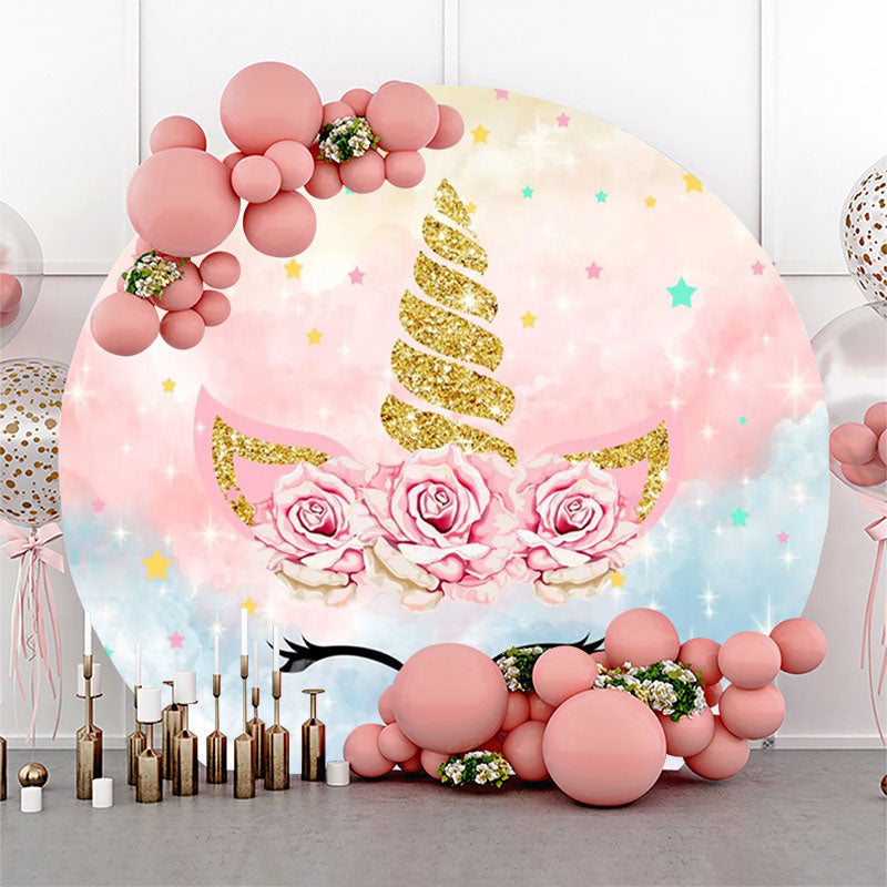 Lofaris Unicorn Sparkle Pink Rose Round Birthday Backdrop