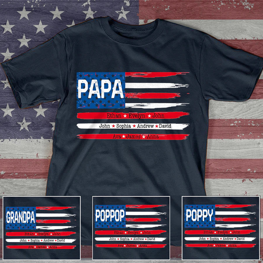 Lofaris USA Flag Papa And Grandkids Fathers Day T - Shirt