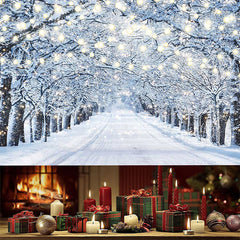 Lofaris (7 Day Delivery) Lighted Winter Snowy Forest Path Scenery Backdrop