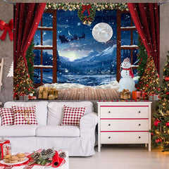 Lofaris (7 Day Delivery) Red Curtain Snowy Window Night Christmas Backdrop