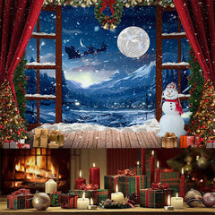 Lofaris (7 Day Delivery) Red Curtain Snowy Window Night Christmas Backdrop