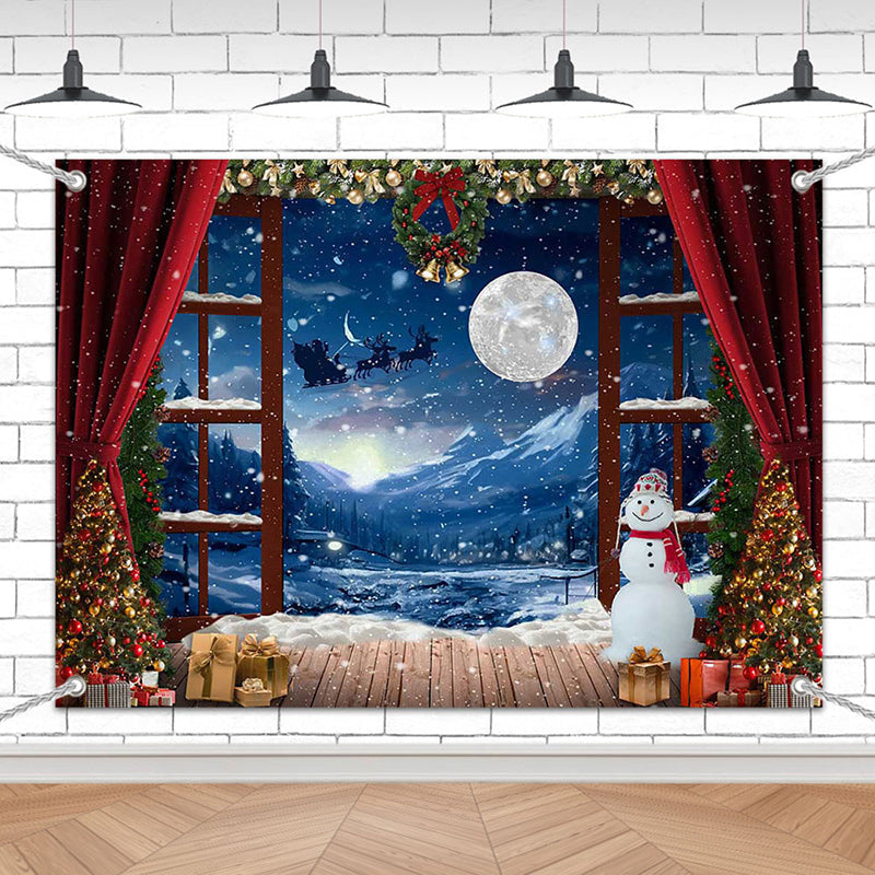 Lofaris (7 Day Delivery) Red Curtain Snowy Window Night Christmas Backdrop