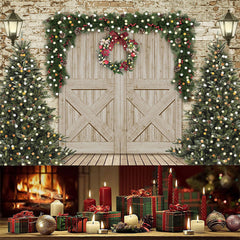 Lofaris (7 Day Delivery) Retro Wooden Beige Door Tree Christmas Vibe Backdrop