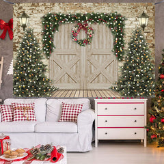 Lofaris (7 Day Delivery) Retro Wooden Beige Door Tree Christmas Vibe Backdrop