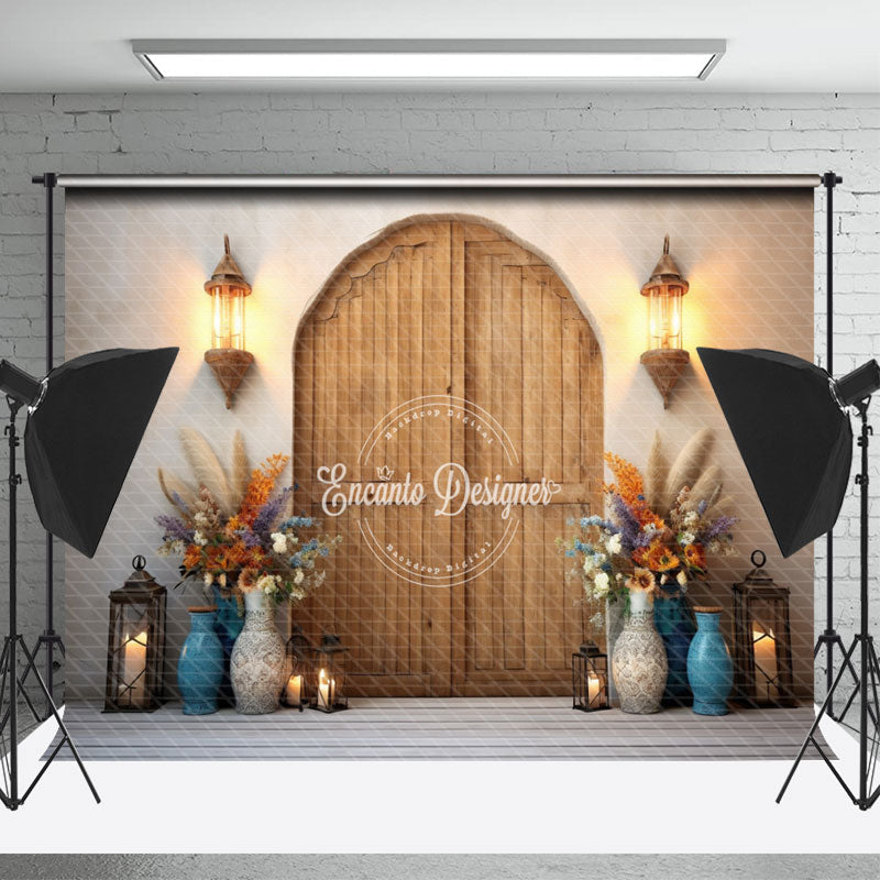 Lofaris Vase Plant Lights Wood Door Boho Photo Backdrop