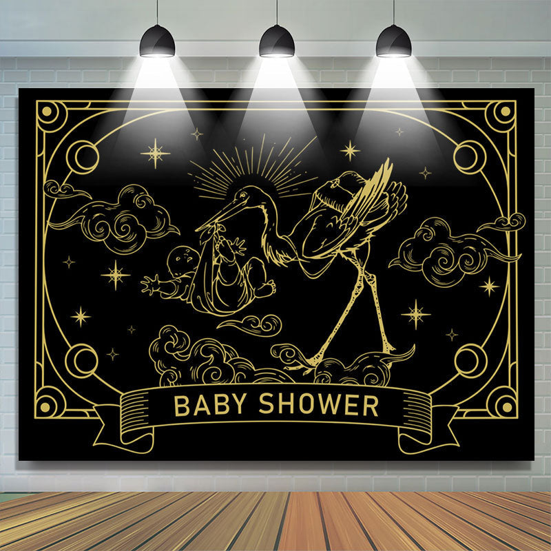 Lofaris Vintage Black Gold Crane Cloud Baby Shower Backdrop