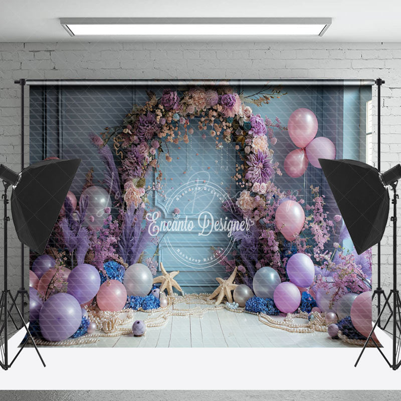 Lofaris Vintage Blue Wall Purple Floral Balloon Backdrop