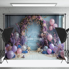 Lofaris Vintage Blue Wall Purple Floral Balloon Backdrop