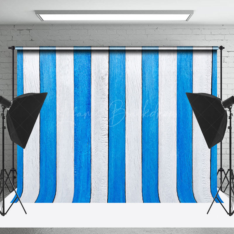 Lofaris Vintage Blue White Vertical Stripe Wood Backdrop