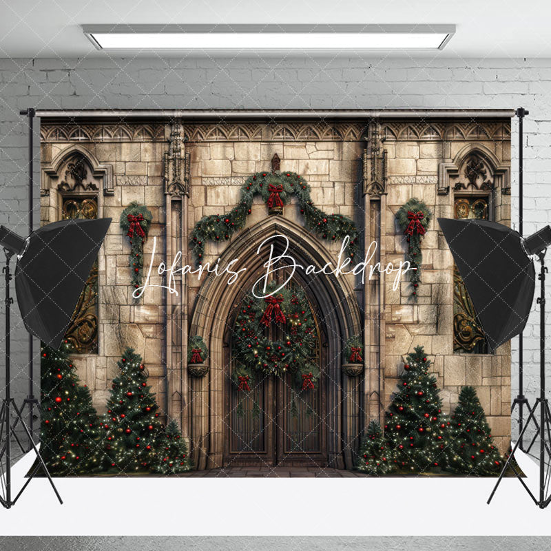 Lofaris Vintage Brick Wall Green Trees Christmas Backdrop