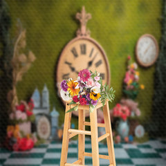 Lofaris Vintage Clock Floral Grass Spring Photo Backdrop