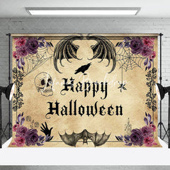 Lofaris Vintage Floral Skull Bats Happy Halloween Backdrop