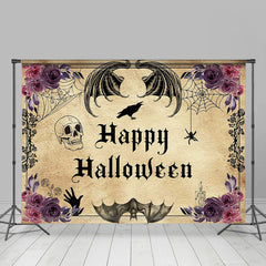 Lofaris Vintage Floral Skull Bats Happy Halloween Backdrop