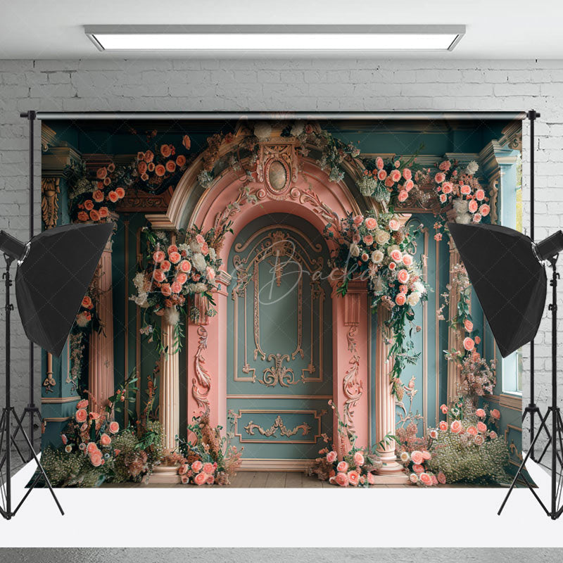 Lofaris Vintage Luxury Green Pink Wall Floral Photo Backdrop