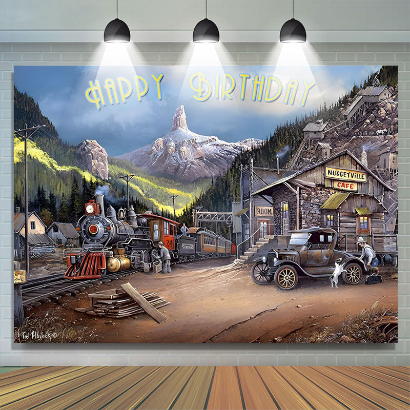 Lofaris Vintage Mountain Train Car Happy Birthday Backdrop