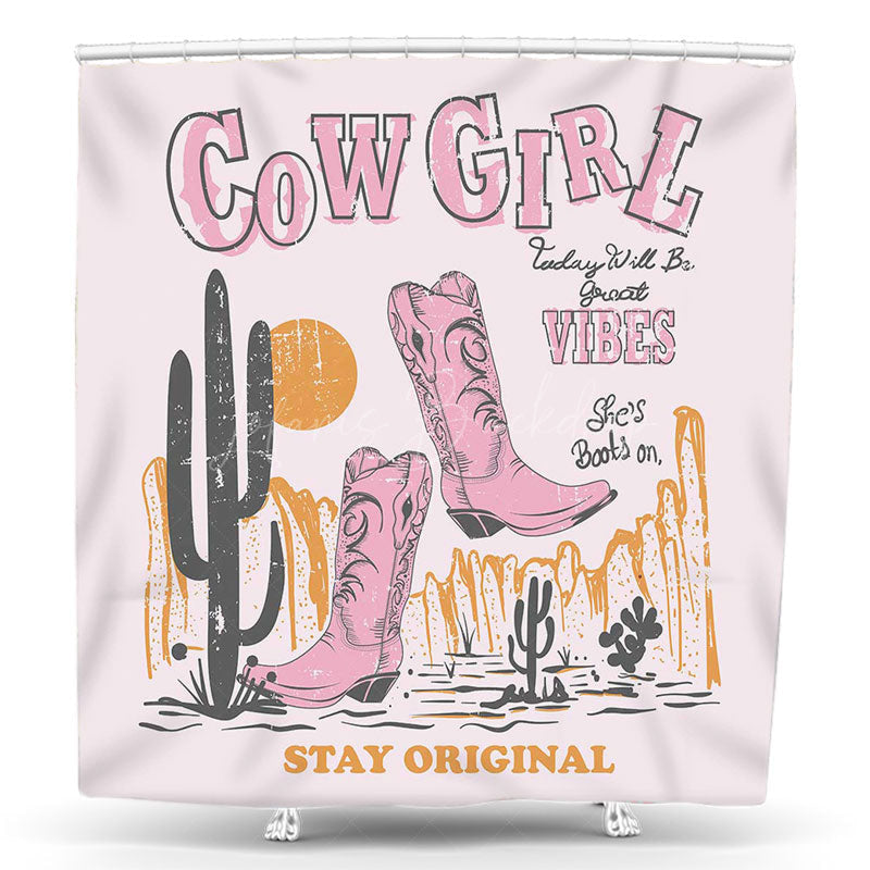 Lofaris Vintage Pink Cactus Boots Cowgirl Shower Curtain