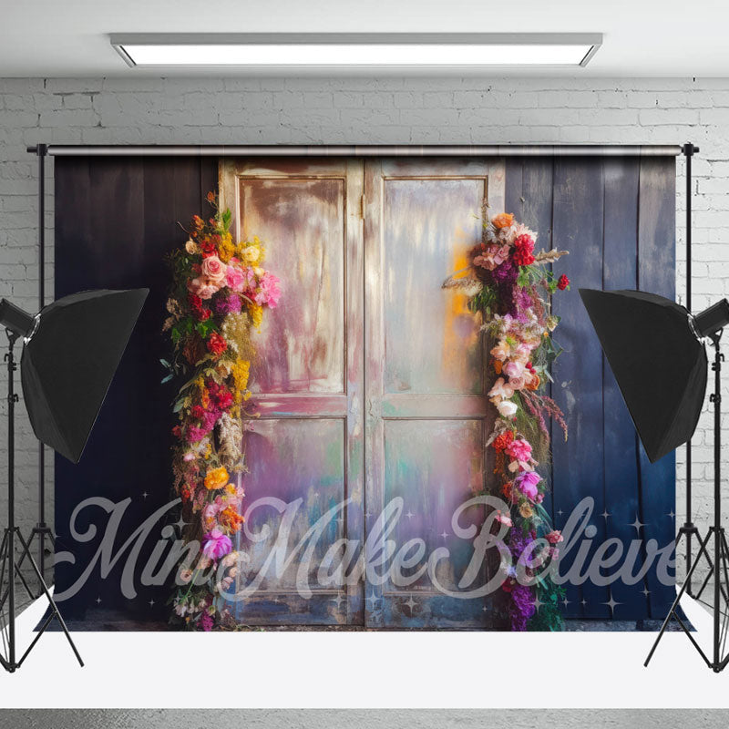 Lofaris Vintage Rainbow Floral Door Grey Wood Wall Backdrop