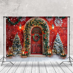 Lofaris Vintage Red Door Trees Snow Scene Christmas Backdrop