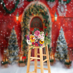 Lofaris Vintage Red Door Trees Snow Scene Christmas Backdrop