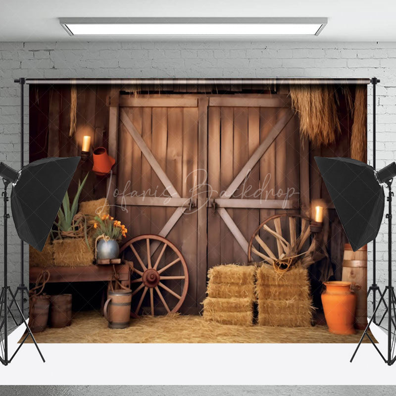 Lofaris Vintage Rustic Stacked Hay Barrel Wood Barn Backdrop