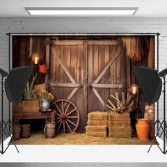 Lofaris Vintage Rustic Stacked Hay Barrel Wood Barn Backdrop