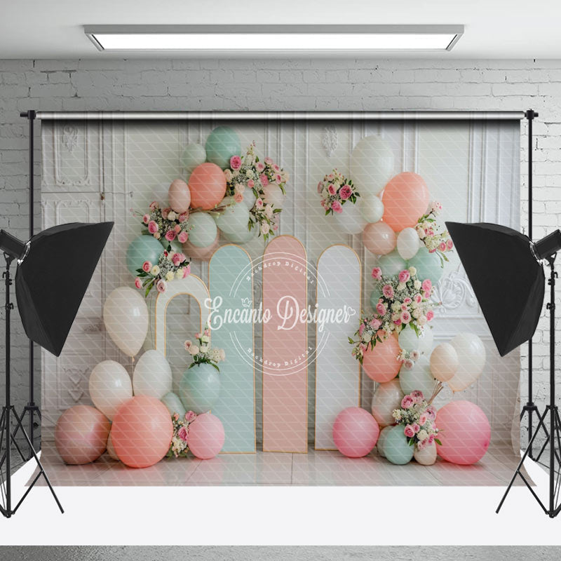 Lofaris Vintage Wall Green Pink Balloons Cake Smash Backdrop