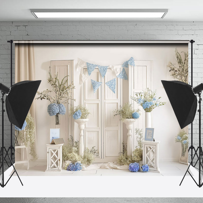 Lofaris Vintage White Room Blue Floral Cake Smash Backdrop