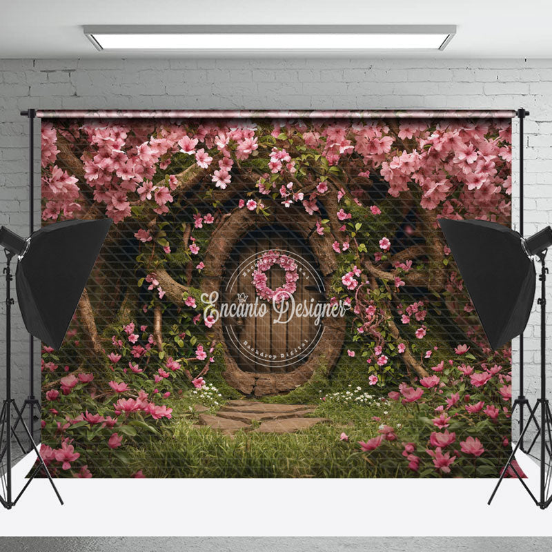 Lofaris Vintage Wooden Door Pink Flowers Tree Photo Backdrop