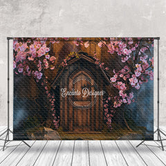 Lofaris Vintage Wooden House Stone Pink Flowers Backdrop