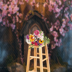 Lofaris Vintage Wooden House Stone Pink Flowers Backdrop