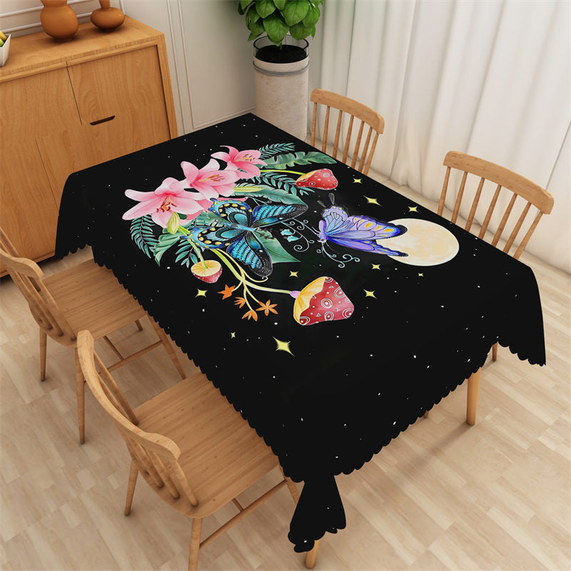 Lofaris Voguish Butterfly Plants Night Moon Black Tablecloth