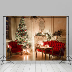Lofaris Warm Cozy Candles Christmas Tree Red Sofa Backdrop
