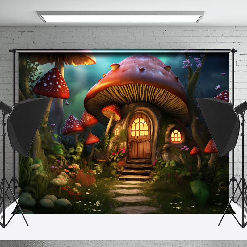 Lofaris Warm Enchanted Forest Mushroom House Spring Backdrop