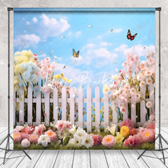 Lofaris Warm Floral Garden Butterfly Blue Sky Spring Backdrop