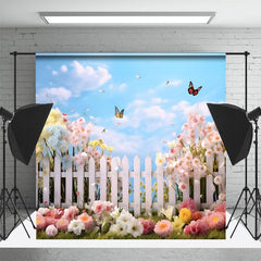 Lofaris Warm Floral Garden Butterfly Blue Sky Spring Backdrop