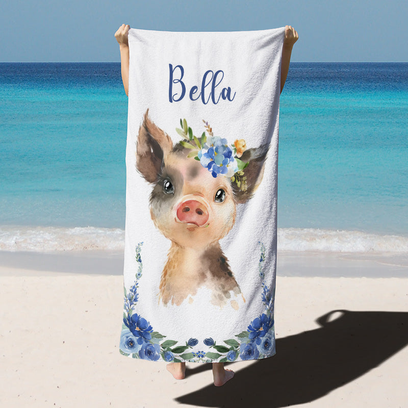 Lofaris Watercolor Floral Pig Animal Baby Name Beach Towel