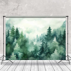 Lofaris Watercolor Foggy Green Forest Mountain Spring Backdrop