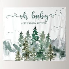 Lofaris Watercolor Green Forest Custom Name Baby Shower Backdrop