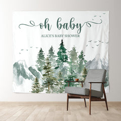 Lofaris Watercolor Green Forest Custom Name Baby Shower Backdrop