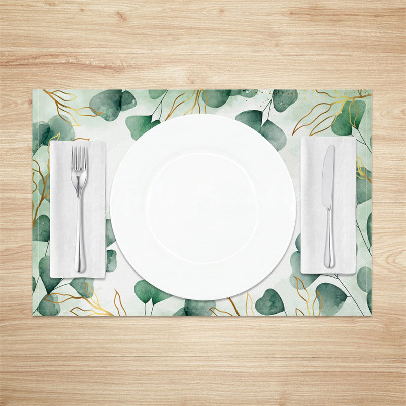 Lofaris Watercolor Green Gold Leaves Set Of 4 Placemats