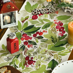 Lofaris Watercolor Green Leaves Cherry Christmas Table Runner