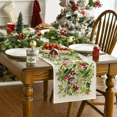 Lofaris Watercolor Green Leaves Cherry Christmas Table Runner