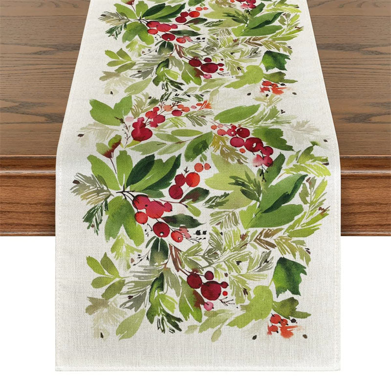 Lofaris Watercolor Green Leaves Cherry Christmas Table Runner